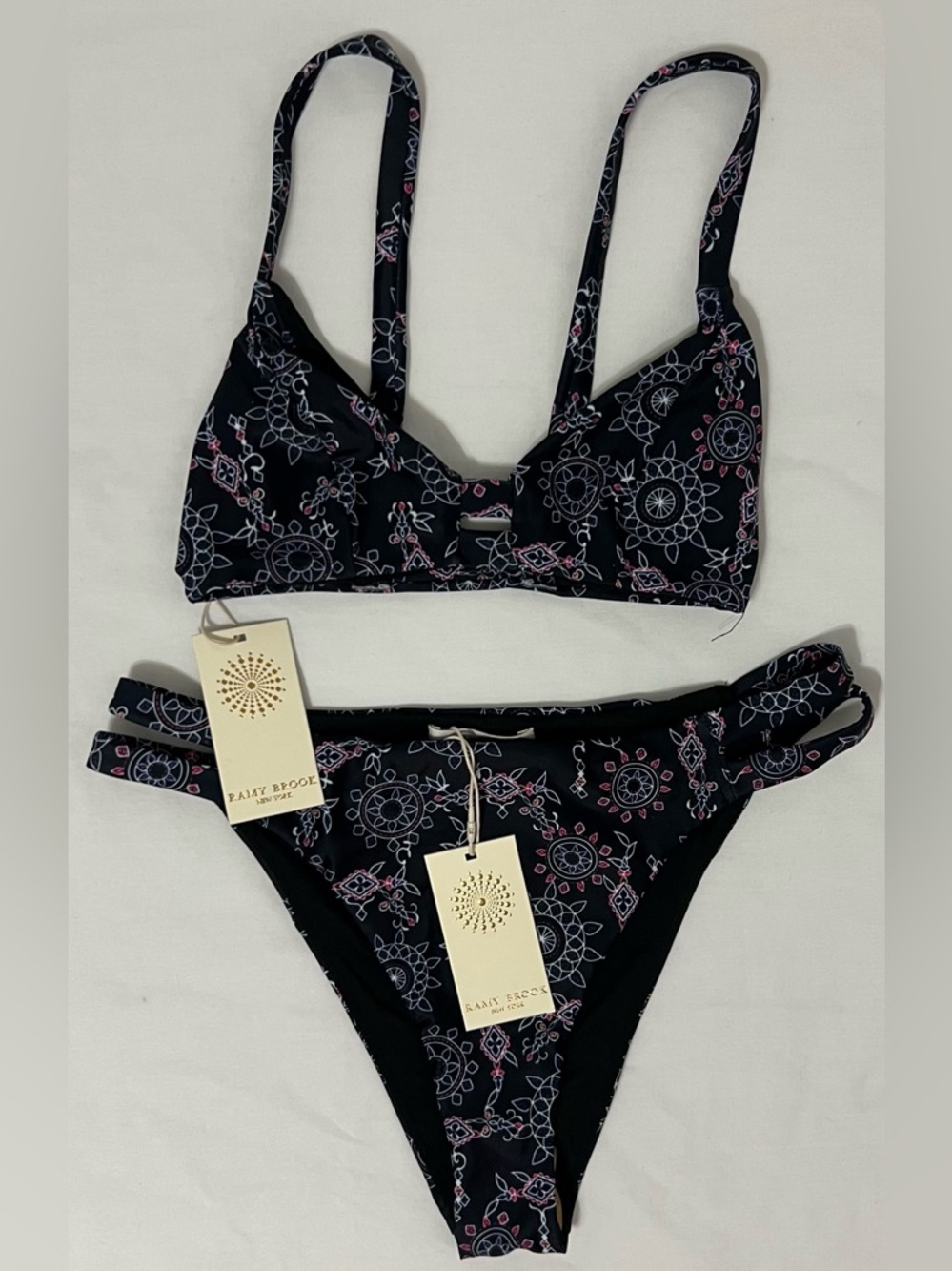 Ramy Brook Bikini Set Bali Print Black Boho Swim Top XXS Bottoms Medium Strappy